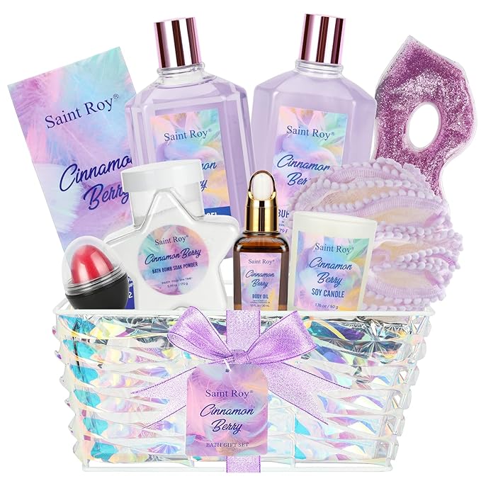 Christmas Spa Gift Set Basket for Women Cinnamon Berry, Gift Baskets, Spa Gifts Women Teen Girls Bath and Body Gift Sets,Self Care Spa Kit