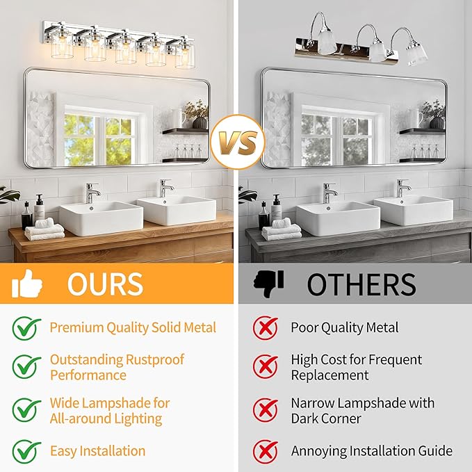 5 Light Modern Bathroom Light Fixtures Over Mirror, Chrome Vanity Lights for Bathroom Wall Sconces with Clear Glass Shades, E26 Socket (Bulbs Not Included)