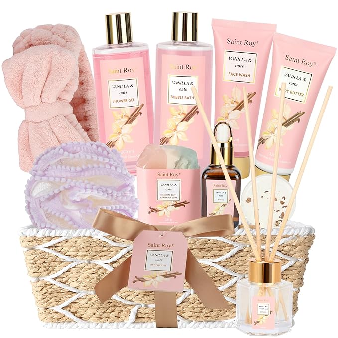 Bath and Body Gift Baskets for Women, 12 Pcs Vanilla Oat Spa Gifts for Women. Bath Gift Set Enriched Shea Butter. Home Spa with Shower Gel, Body Oil, Saint Roy Gifts for Mom