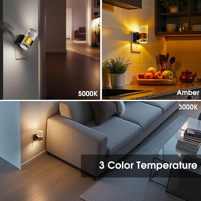 Night Lights Plug into Wall, Dimmable Night Light with Dusk-to-Dawn Light Sensor, Soft White/Cool White/Amber 3 Light Color, Adjustable Brightness, Rotatable plug, Bubble Nightlight for Hallway