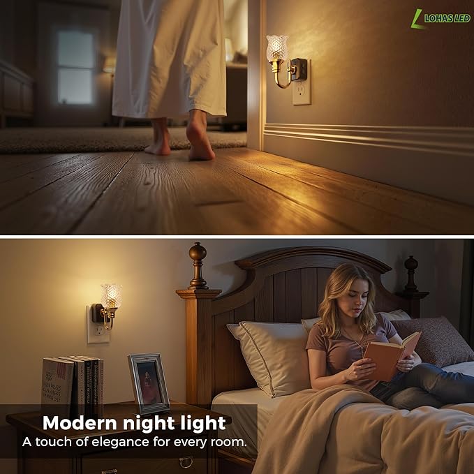 L LOHAS LED Night Lights Plug into Wall, 2 Pack 3000K Soft White LED Floral Night Lights with Auto Sensor, 0-100lm Adjustable Brightness, for Hallway Bedroom Stairway
