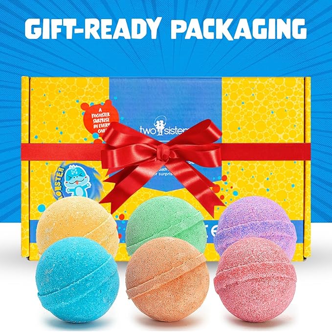 Poke Monster Bath Bombs for Kids with Surprise Inside (6 Pack) - Large Bubble Bath Bomb for Boys & Girls - Fruity Scent, Skin-Safe, USA Made, Birthday & Holiday Gift by Two Sisters