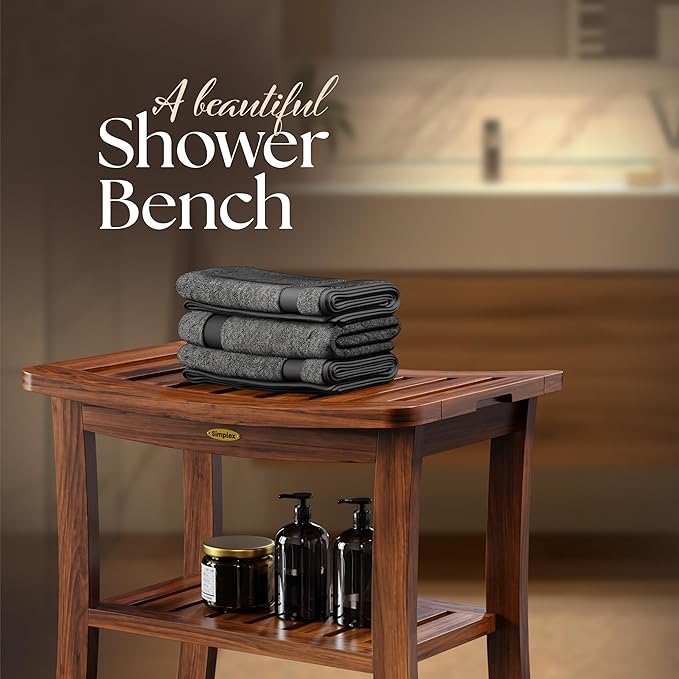 Simplex Teak Shower Bench, Fully Assembled Shower Stool, Water-Resistant Spa Seat, 20.8 Inch Non Slip Shower Bench, Indoor & Outdoor Use