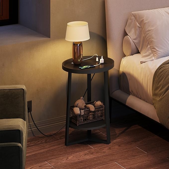 WLIVE Round End Table with Charging Station, 2 Tier Side Table for Living Room/Bedroom, Round Nightstand with Storage Shelf, Small Spaces, Wood Tabletop & Metal Frame, Black