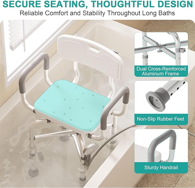 Swivel Shower Chair with Armrests and Back, 550 lbs Heavy-Duty Shower Seat for Showers and Bathtubs, 5- Height-Adjustable Adult Shower Chair, Elderly Bathtub Chair
