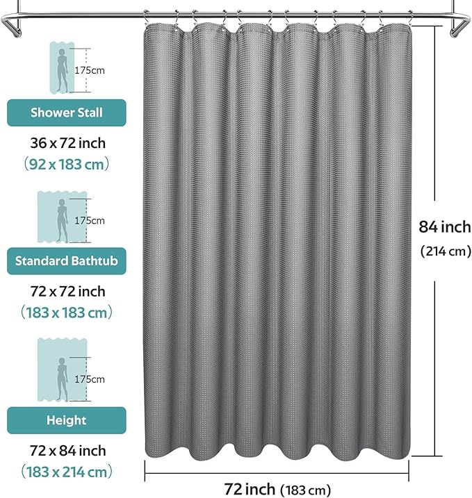 3 in 1 Shower Curtain Set, Waffle Shower Curtain and Liner Set with 12 Double Sided Shower Curtain Hooks, 258GSM Luxury Weighted Cloth Shower Curtains for Bathroom, 72 W x 84 H, Grey
