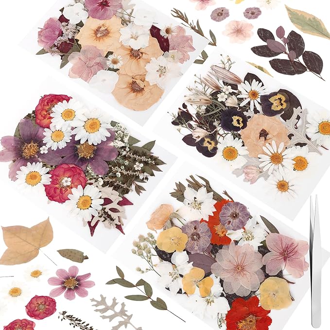 100 Pcs Dried Pressed Flowers, Real Natural Dried Wildflowers Leave with Tweezer Floral Decoration for DIY Crafts, Candle Making, Resin Mold and Scrapbooking Mixed Yellow