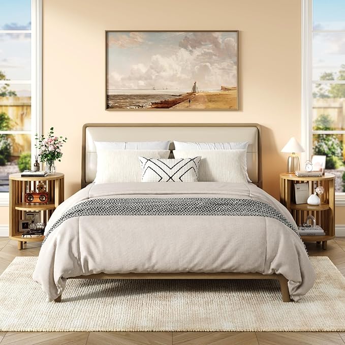 Round End Table, Wood Bedside Table, Mid Century Modern Nightstand with Open Storage Shelf, 3 Tier Small Side Tables for Living Room, Bedroom, Curved Profile Design, Natural Oak(2-Pack)