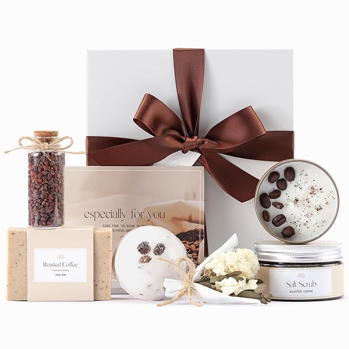 Coffee Spa Gift Baskets for Women – Scented Self Care Shower Essential - Elegant Kit for Mom, Wife, Sister, Friend - Body Bath Set - Aromatic Box for Occasions - Home Spa-Inspired