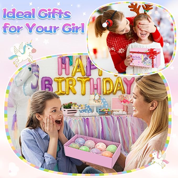 Unicorn Bath Bombs for Kids Girls with Surprise Inside, 8 Pcs Natural Fizzy Princess Bubble Bath Bomb Kit with Toys, Birthday Gift for 3 4 5 6 Year Old Girl