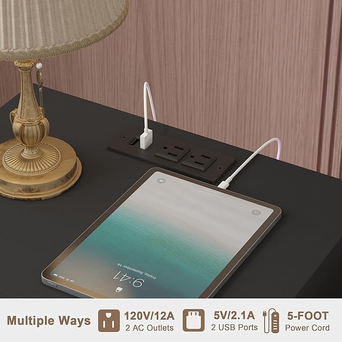 Modern Nightstand with Charging Station and LED Lights, Black Nightstand with Drawer, Fluted Nightstand for Living Room, Bedroom