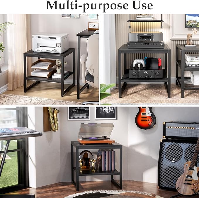 Homieasy End Table, 20 Inch Square End Table, Mini Fridge Stand with 2-Tier Storage Shelves, Industrial Wood Side Tables for Living Room, Black