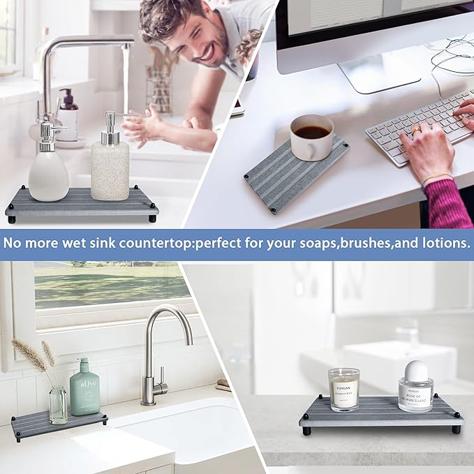 2 PCS Water Absorbing Stone Trays for Bathroom Counter, Fast-Drying Faucet Mat for Kitchen Sink, Diatomite Sink Caddy, Hand Soap Holder with Anti-Skid Feet (9.5" x 4.7" Gray)