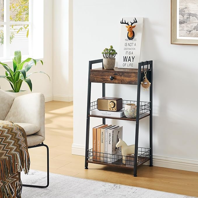 3-Tier Bathroom Ladder Shelf with Drawer, Bathroom Stand Floor Storage Shelf, Freestanding Tower Shelf Ladder Table for Living Room, Bedroom -Rustic Brown