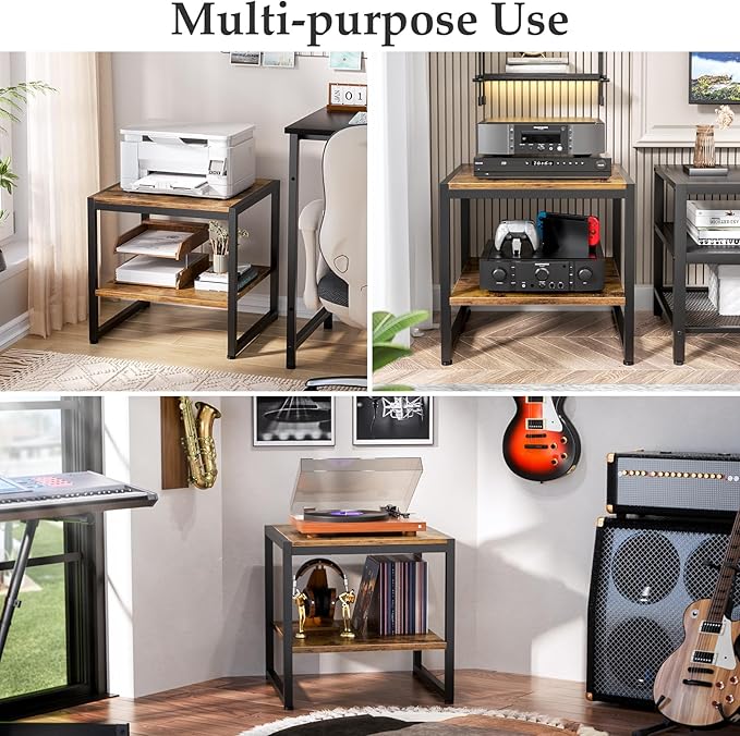 Homieasy End Table, 20 Inch Square End Table, Mini Fridge Stand with 2-Tier Storage Shelves, Industrial Wood Side Tables for Living Room, Rustic Brown