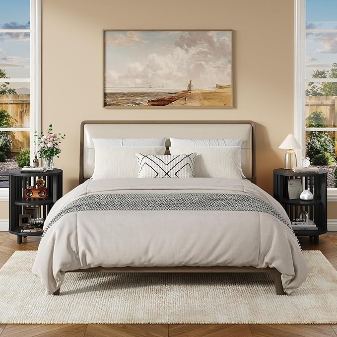 Round End Table, Wood Bedside Table, Mid Century Modern Nightstand with Open Storage Shelf, 3 Tier Small Side Tables for Living Room, Bedroom, Curved Profile Design, Black(1-Pack)