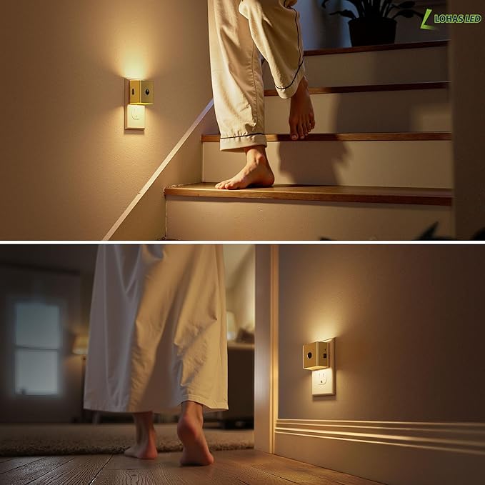L LOHAS LED Night Light,Plug in Night Light with Motion Sensor and Dusk to Dawn Sensor, Brightness Adjustable,3000K Soft White, Gold Nightlight for Bathroom Hallway Kitchen