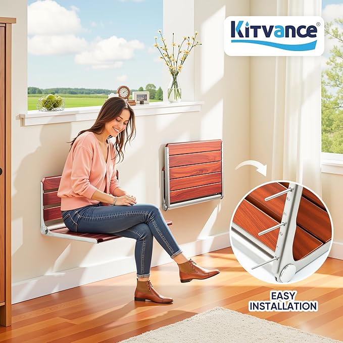 Upgraded 20" ADA Compliant Folding Teak Shower Seat Wall Mounted - Larger Teak Shower Bench, Home Care Folding Shower Seat for Inside Shower, Wall Mount Shower Chair Shower Stool, Max Load 400lb