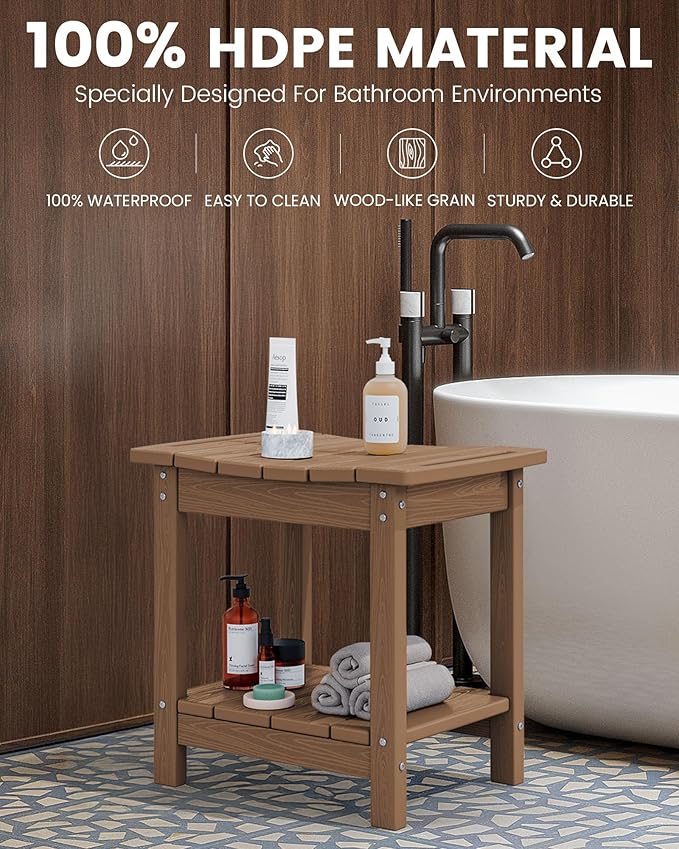 SERWALL Shower Bench, 18" Shower Stool for Inside Shower, HDPE Waterproof Shower Seats for Adults with Storage Shelf & Handles, 360 lbs Capacity- Brown
