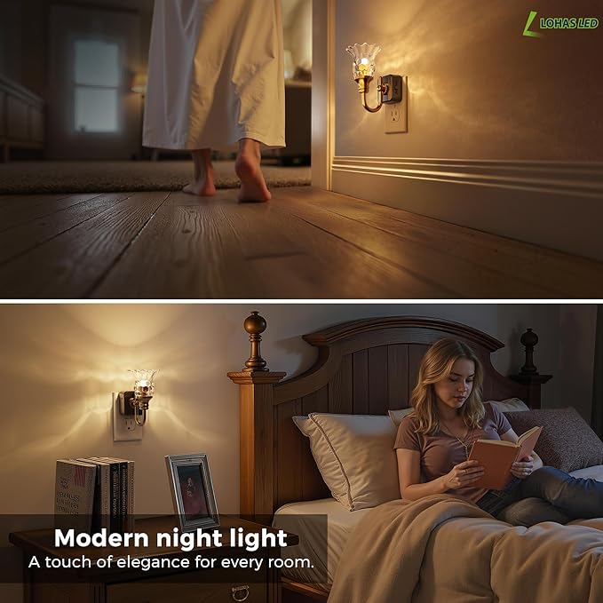 L LOHAS LED Night Lights Plug into Wall, 3000K Soft White LED Floral Night Light with Auto Sensor, 0-100lm Adjustable Brightness Plug in Nightlight, for Hallway Bedroom Stairway Gift