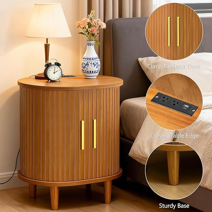 Nightstands Set of 2 & Charging Station, Fluted Accent Side Table with Sliding Door & Adjustable Shelf, Mid-Century Modern End Table for Small Space, Living Room, Bedroom (2, Yellow Walnut)