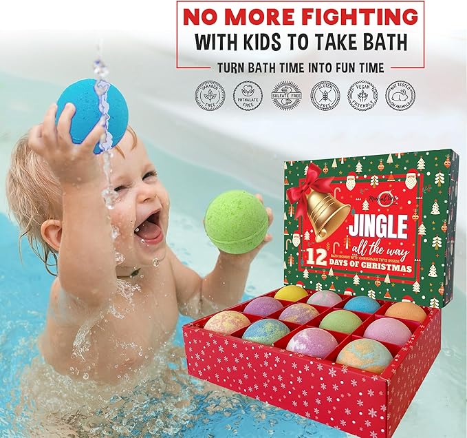 Christmas Bath Bombs for Kids with Surprise Toys Inside - Kids Advent Calendar Bathbombs - 12 Pack Organic Bath Bombs Gift Set, Moisturizing Bubble Bath Fizzies, Gifts for Boys, Girls, Toddler
