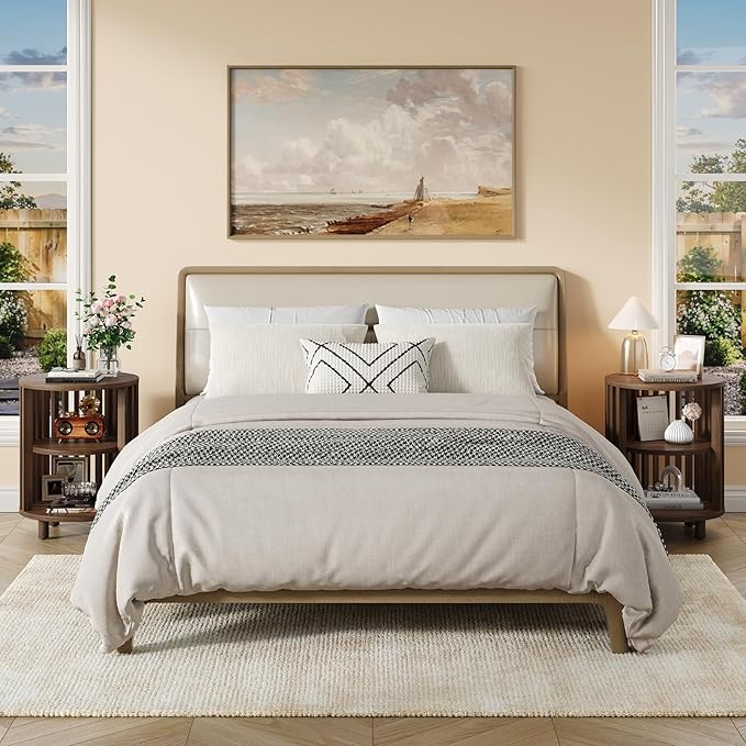 Round End Table, Wood Bedside Table, Mid Century Modern Nightstand with Open Storage Shelf, 3 Tier Small Side Tables for Living Room, Bedroom, Curved Profile Design, Walnut(1-Pack)