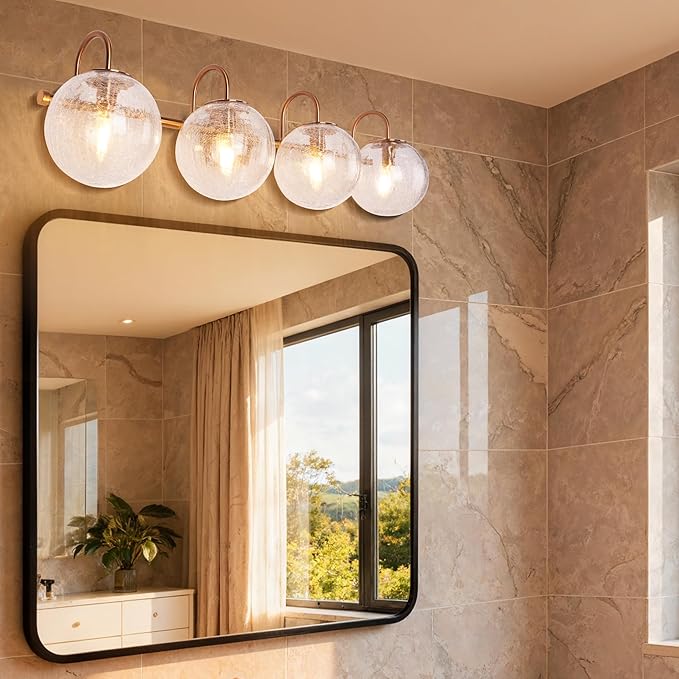 4-Light Bathroom Light Fixtures, Brushed Gold Vanity Lights for Bathroom with Cracked Glass Globe Shade, Vintage Bathroom Vanity Lighting Fixtures Over Mirror for Bedroom Living Room Hallway