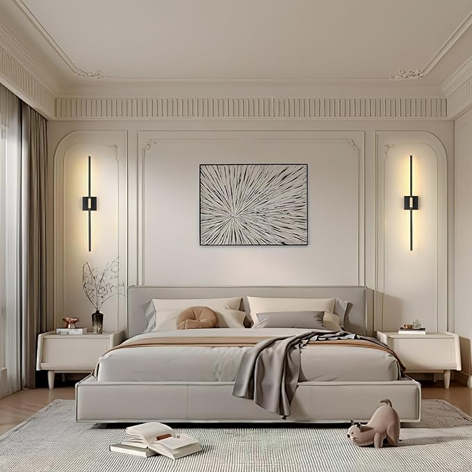 Battery Operated Wall Sconces Set of 2, Dimmable Battery Wall Sconce with Remote Control, Black Gold LED Rechargeable Sconces, 24 Inch Modern Wireless Wall Lights for Bedroom, Living Room