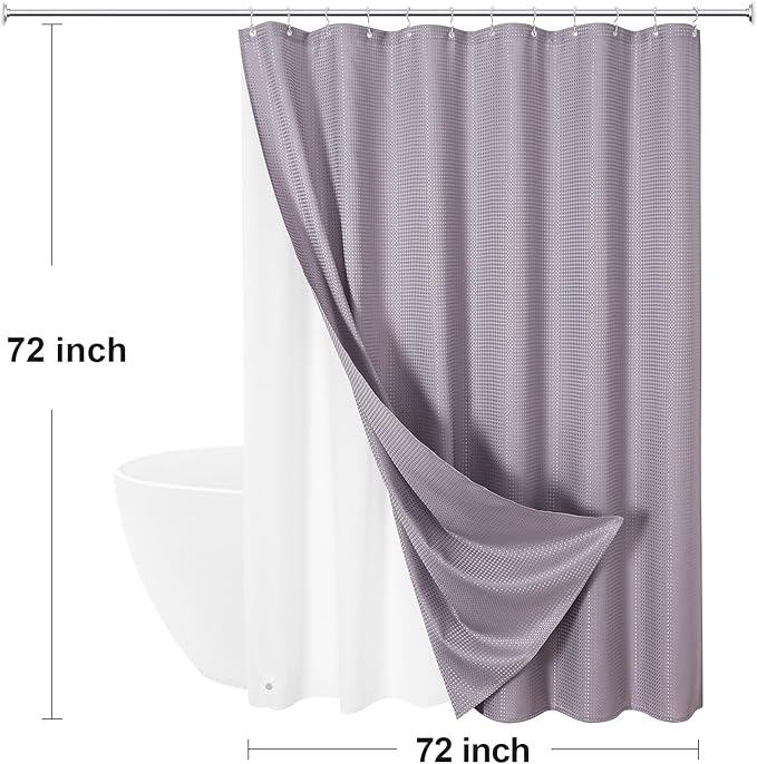 3 in 1 Shower Curtain Set, Purple Waffle Shower Curtain and PEVA Liner Set with 12 Stainless Steel Shower Curtain Hooks, Lavender Waterproof Fabric Shower Curtains for Bathroom, 72 W x 72 H