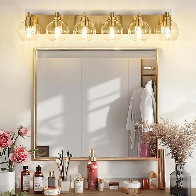 Bathroom Light Fixtures, 6 Light Brushed Gold Vanity Light, 38 Inch Modern Wall Sconces with Globe Clear Glass Shade, Vanity Lighting Fixtures Over Mirror, VL195-BG-6