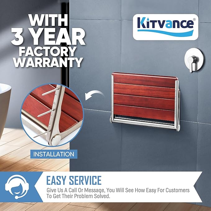 18.4" Folding Teak Shower Seat Wall Mounted – Fold Down Shower Chair, Solid Teak Wood Shower Bench with 304 Stainless Steel Frame, Wall Mount Shower Seat for Senior, Disabled, Bathroom, 400lb Capacity