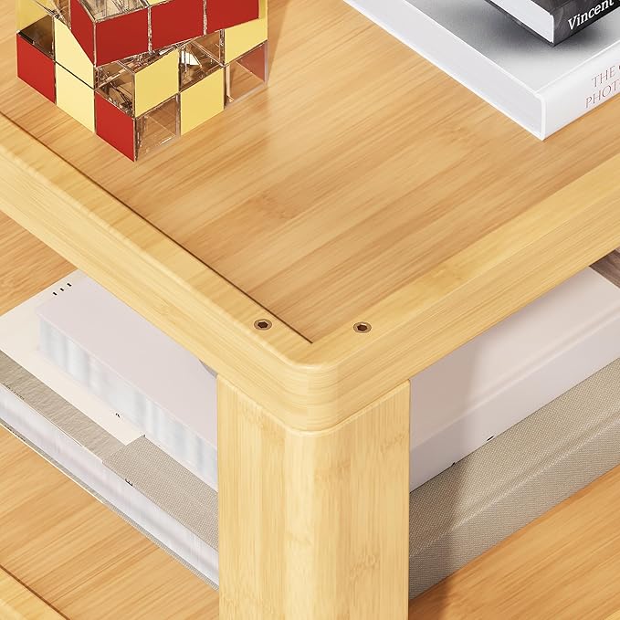 ZIYOO 3-Tier Solid Wood Mobile Side Table with Wheels, Wooden Night Stand, Unique Floating Design Storage Organizer for Bedroom, Living Room, Small Spaces, Natural Bamboo