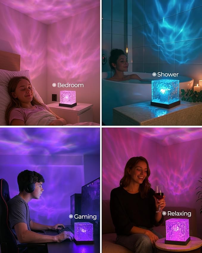 2-Pack Black Rechargeable Shower Lights, 16 Color Ocean Wave Projector Light Battery Powered, Shower Mood Lights Waterproof, Relaxing Bathtub Mood lighting, Water Ripple Lamp for Bath, Living Room