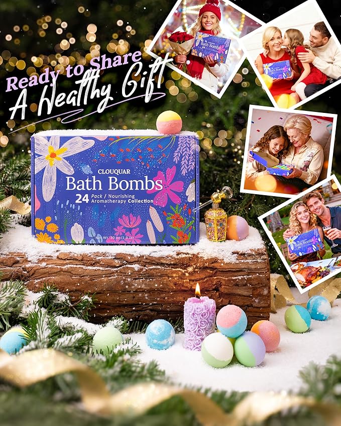 Hemp Oil Bath Bombs Gift Set, 24 Pack Natural Bubble Bath Spa Kit with Pure Essential Oils, Refreshing & Relaxing Bath Gift for Birthday, Mother’s Day & Valentine’s Day