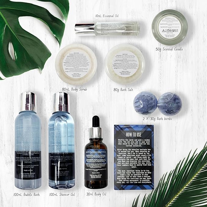 PEARLWORLD Bath Set with Ocean Scented Spa Gifts for Men, Christmas Birthday Self Skin Care Set for Men, Spa Gift Baskets for Him, 12Pcs Men's Spa Kit Gifts for Bath Spa