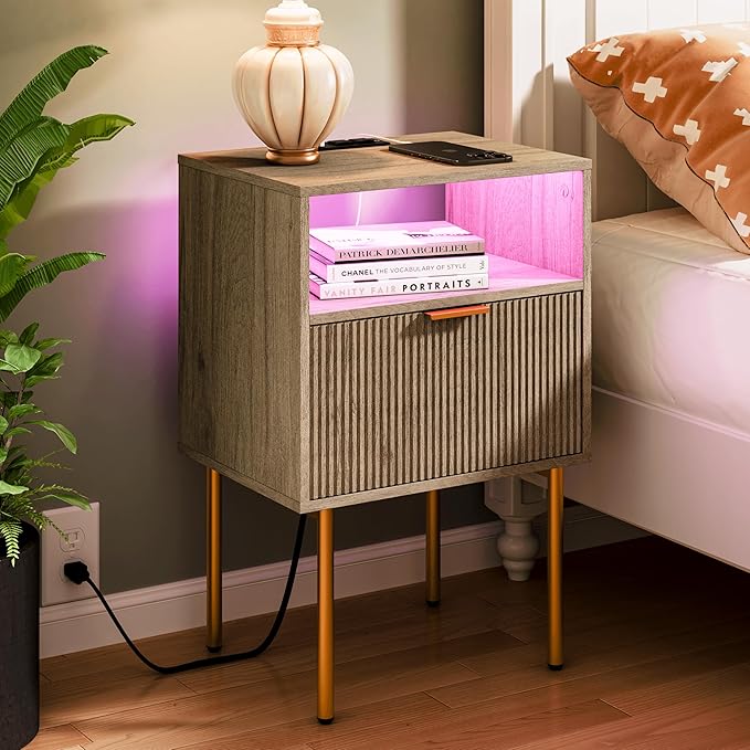 Modern Nightstand with Charging Station and LED Lights, White Bedside Table with Drawer, Fluted Side Table for Living Room, Bedroom