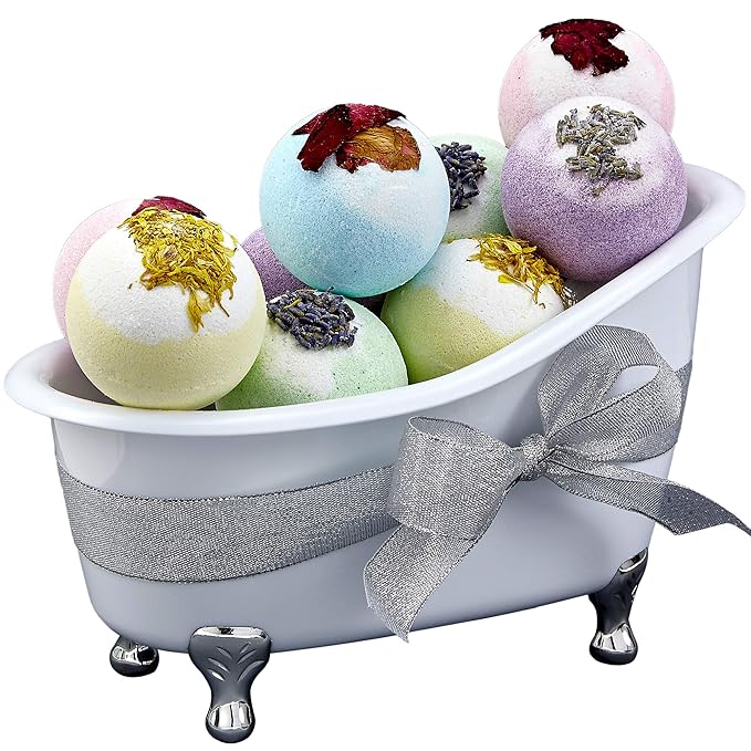 Christmas Gift Baskets for Women Holiday Gift for Teen Girls Bath Bomb Self Care Gifts for Women Spa Bath Set, White Elephant Gifts 10 Two Tone Bath Fizzies W Shea & Coco Butter Dry Flower Petals