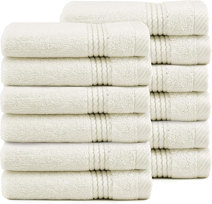 EastNBlue Lara 100% Turkish Cotton Washcloths 12 Pack, Extra Soft & Absorbent Wash Cloths for Face & Body (12" x 12"), Terry Cloth, Small Hand Towels for Bathroom, Cream