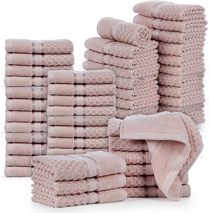 Ample Decor 100% Cotton Washcloths Set of 50 - Highly Absorbent, Popcorn Textured - Mulaayam Collection - Soft Pink 12 X 12 Inch