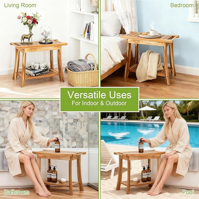 24" Solid Teak Shower Bench with Towel Bar & Storage Shelf - Waterproof Bath Stool with Fixed Non-Slip Feet, 300lbs Capacity, Natural