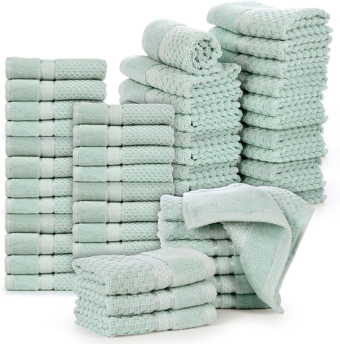 Ample Decor 100% Cotton Washcloths Set of 50 - Highly Absorbent, Popcorn Textured - Mulaayam Collection - Mint Green 12 X 12 Inch