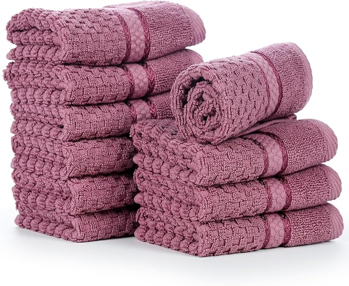 Ample Decor Grape Purple Wash Cloth Set of 10 100% Cotton - Quick Dry, Highly Absorbent, Popcorn Textured - Mulaayam Collection - 12 X 12 Inch