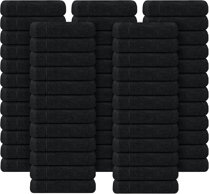 Tens Towels Pack of 60 Washcloths, 12 x 12 Inches, Lighter Weight, Quick to Dry, Super Soft & Absorbent, Gentle Face Towels, Hotel Quality, Perfect for Bathroom, Gym, Spa (Black, 60 Pack)