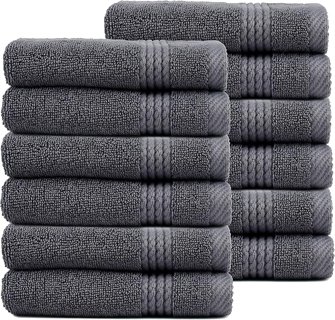 EastNBlue Lara 100% Turkish Cotton Washcloths 12 Pack, Extra Soft & Absorbent Wash Cloths for Face & Body (12" x 12"), Terry Cloth, Small Hand Towels for Bathroom, Dark Grey