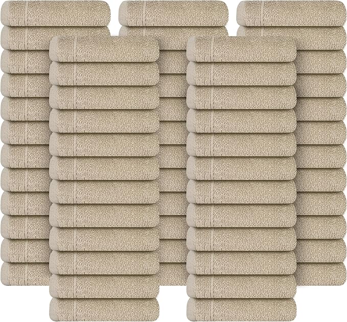 Tens Towels Pack of 60 Washcloths, 12 x 12 Inches, Lighter Weight, Quick to Dry, Super Soft & Absorbent, Gentle Face Towels, Hotel Quality, Perfect for Bathroom, Gym, Spa (Beige, 60 Pack)