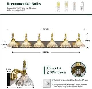 Vintage Bathroom Vanity Light, 6-Light Black Gold Vanity Lighting Fixture with Flower Glass Shade, Bathroom Lighting Fixtures Over Mirror