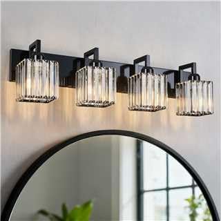 Modern Bathroom Vanity Light 4-Lights Plating Black Vanity Light Crystal Wall Light Bathroom Light Fixtures