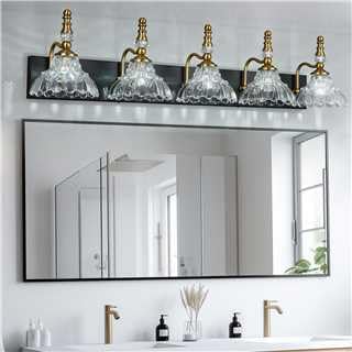 Vintage Bathroom Vanity Light, 5-Light Black Gold Vanity Lighting Fixture with Flower Glass Shade, Bathroom Lighting Fixtures Over Mirror
