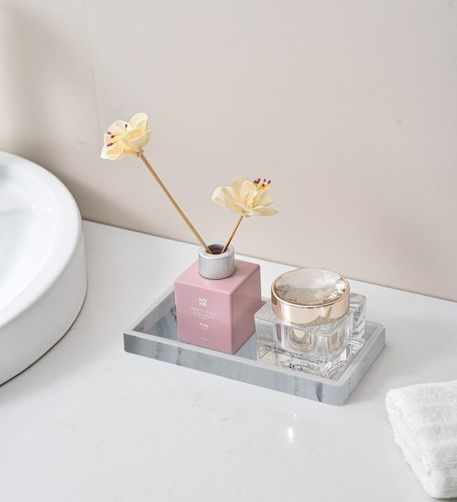 2PCS 7.87” L x 3.93” W Silicone Soap Dispenser Trays, Bathroom Sink Vanity Tray for Dresser Tops, Toilet, Tray for Scrubber, Lotion Bottles, Perfume, Jewelry, Candle, Key Trinket Ring-White Marble